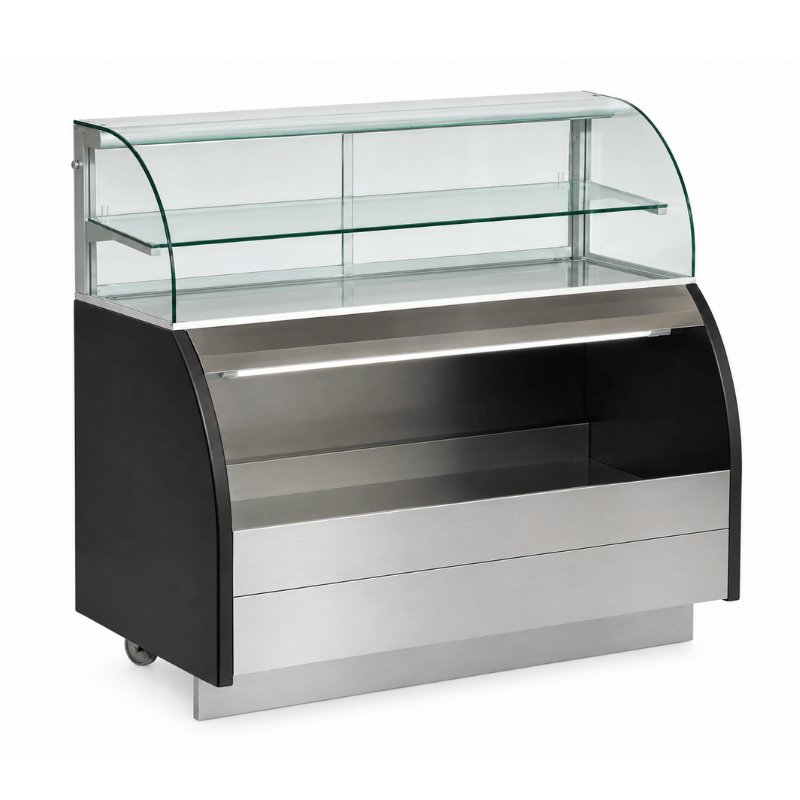 Self-service deli display unit with a sleek stainless steel front and glass top.