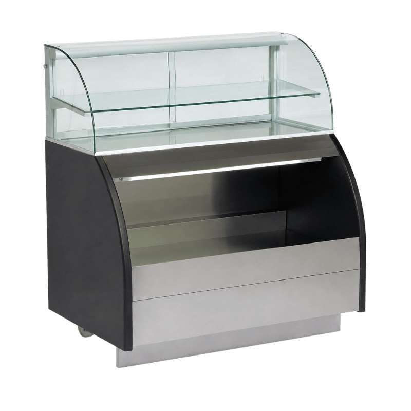 Self-service deli display unit with a sleek black and stainless steel design, featuring glass shelves.