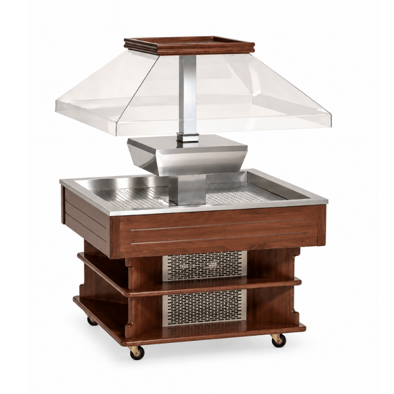 Self-service deli display unit in dark wood with a clear canopy and stainless steel accents.