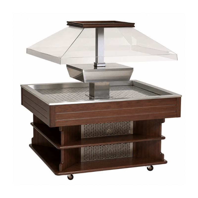 Self-service deli display unit with a wooden base and glass canopy, featuring a textured surface.