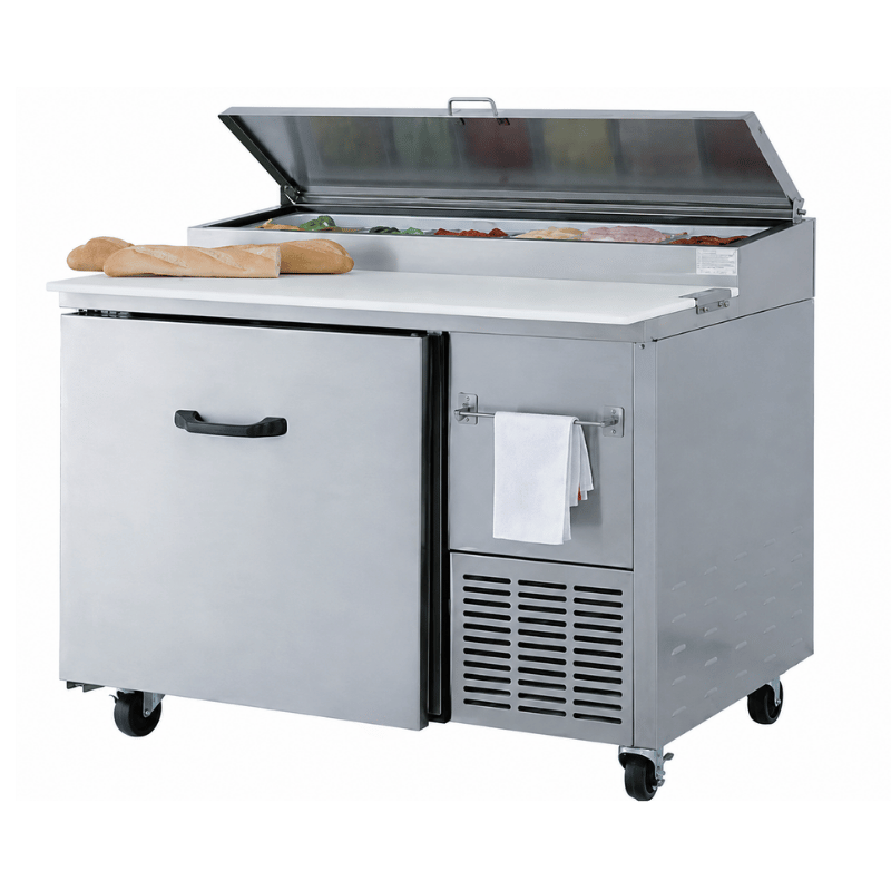 Stainless steel deli self-service display with a wooden cutting board on top and a closed door.