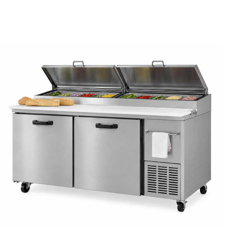 Stainless steel deli self-service display with open lids, showcasing various fresh ingredients and toppings.