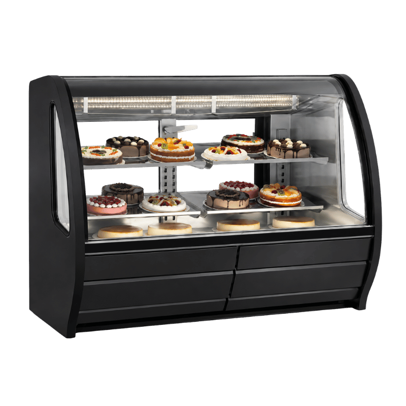 Black deli self-service display case featuring various cakes and pastries on illuminated shelves.