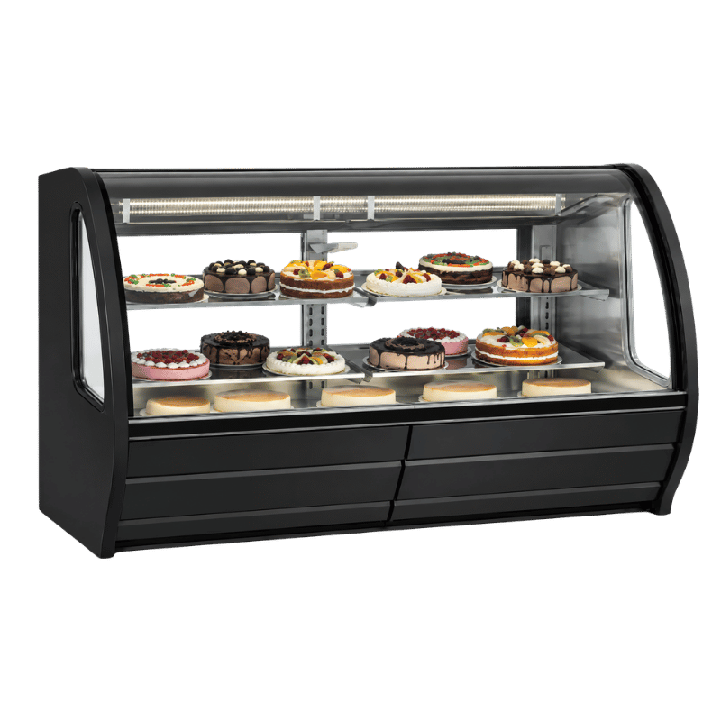 Black deli self-service display showcasing various pastries and desserts under bright lighting.