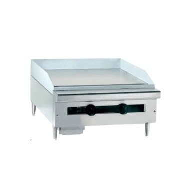 Stainless steel gas counter griddle with a smooth surface and a black control knob.