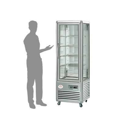Silver display chiller with glass doors, next to a shadowed figure gesturing.