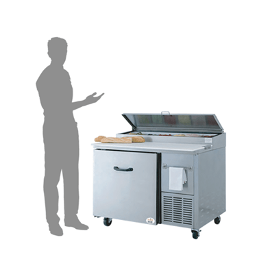 Refrigerated prep counter in stainless steel with an open lid, accompanied by a silhouetted figure.
