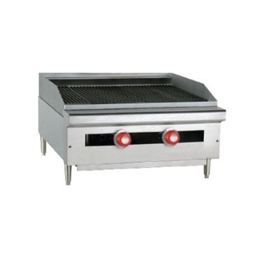 Stainless steel 36-inch charbroiler with two red control knobs and a smooth cooking surface.
