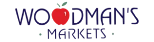 Red apple icon above the text "Woodman's Markets" in bold blue lettering.