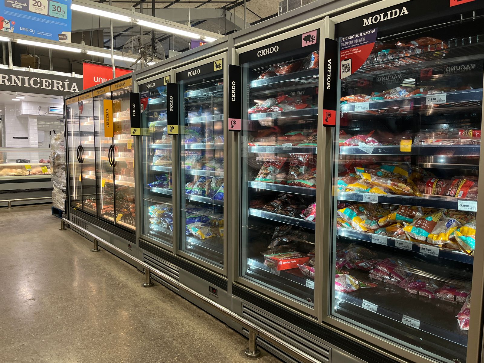Row of glass-fronted freezers displaying various frozen food products in a grocery store.