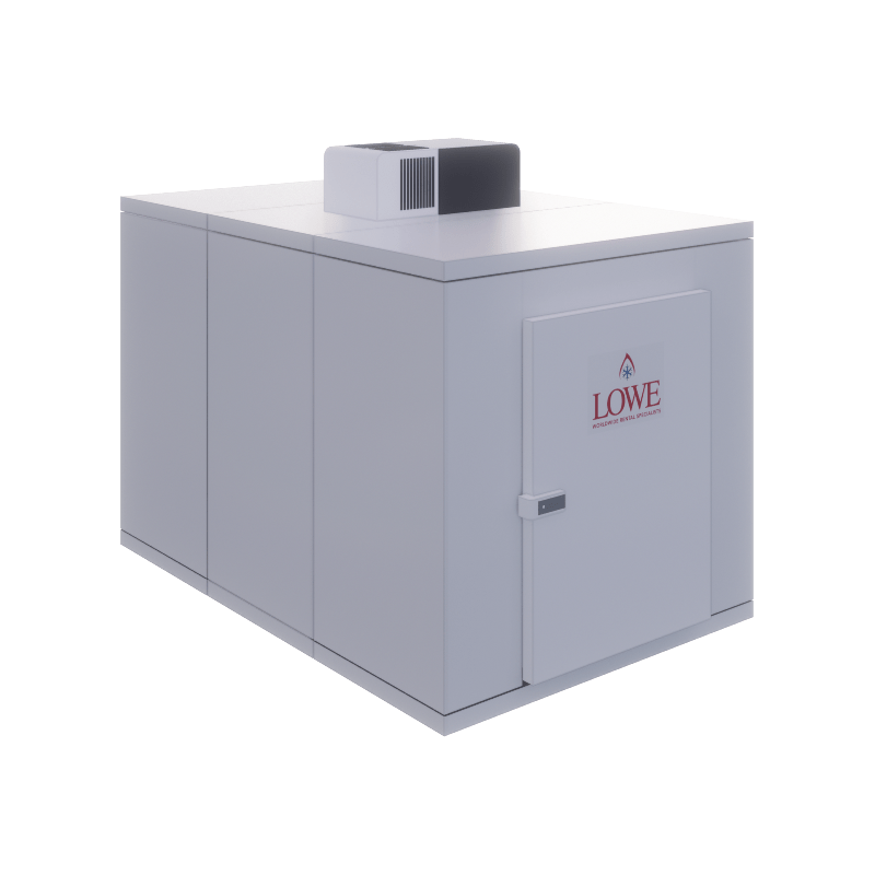 White industrial unit with a red logo, featuring a flat top and a side door.