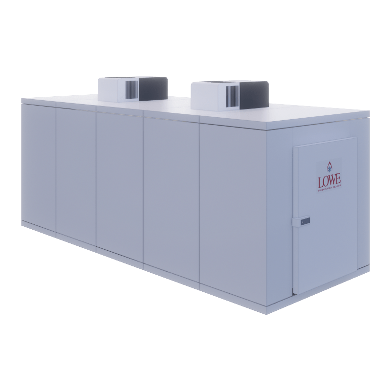 Large grey industrial unit with two cooling units on top, featuring a red logo on the front.