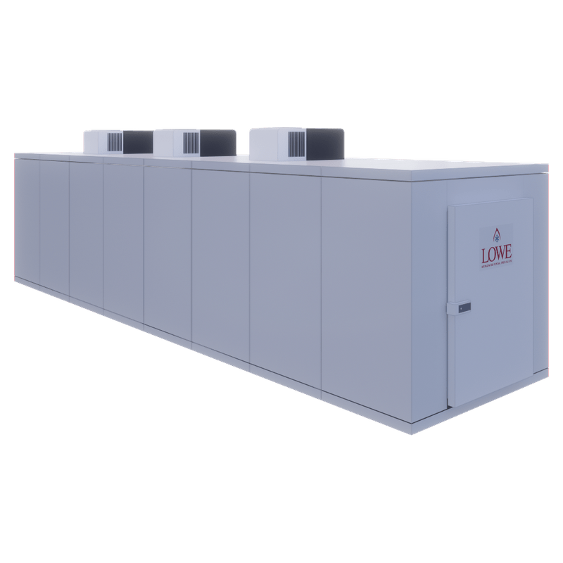 Large grey industrial unit with multiple cooling units on top, featuring a red logo on the side.