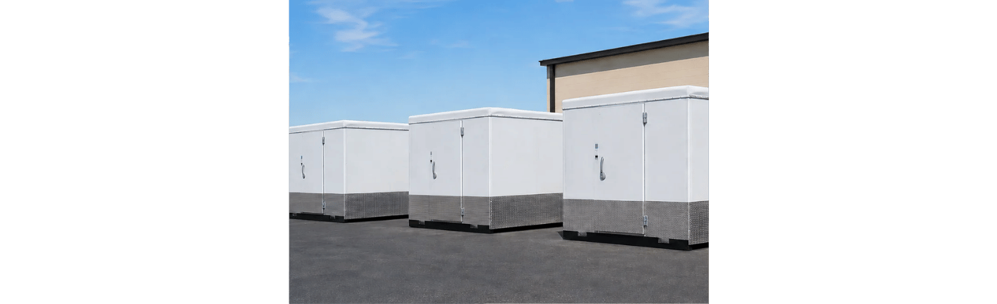 Four white walk-in cold rooms with grey bases, set against a clear blue sky.